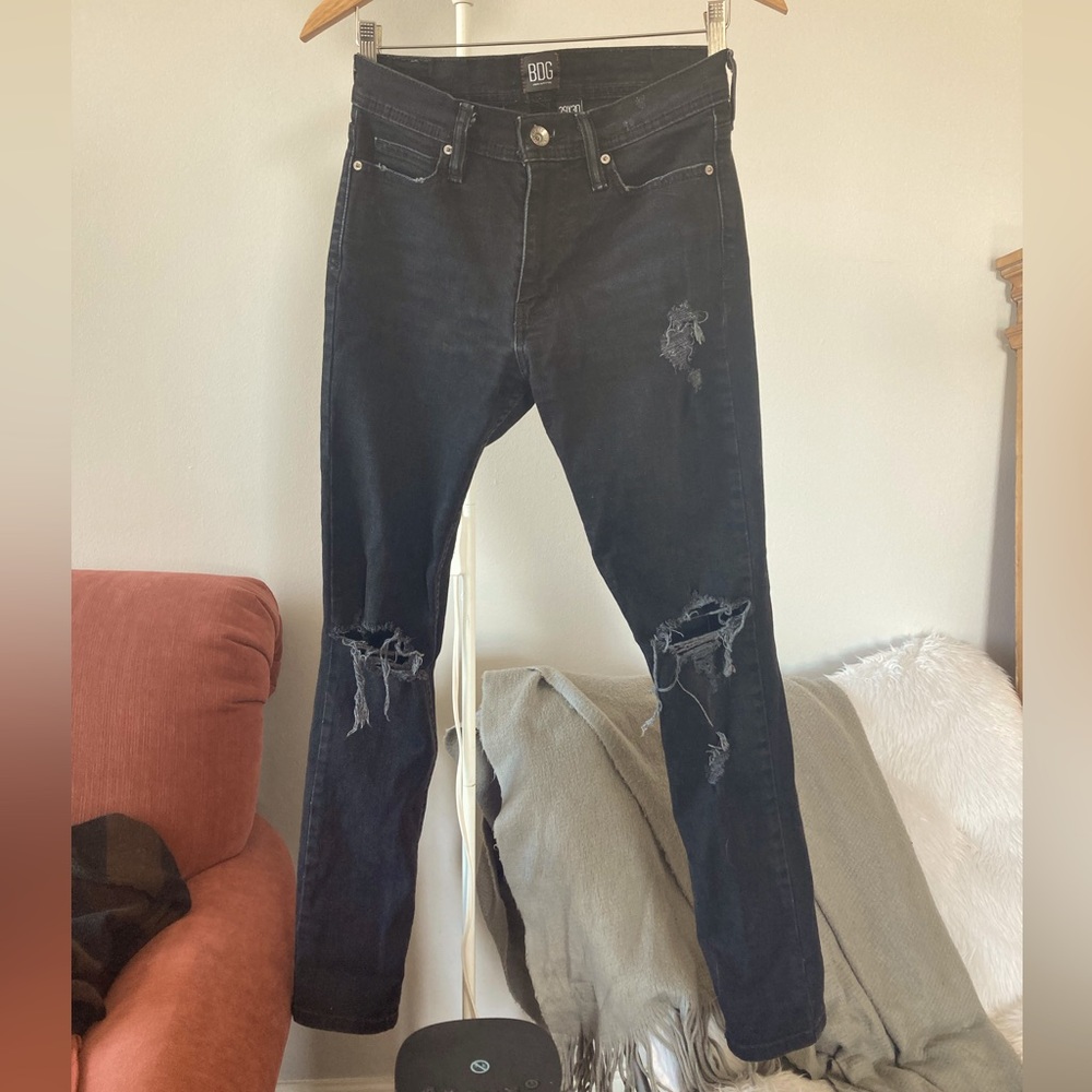 BDG Dark wash thick distressed denim jeans.